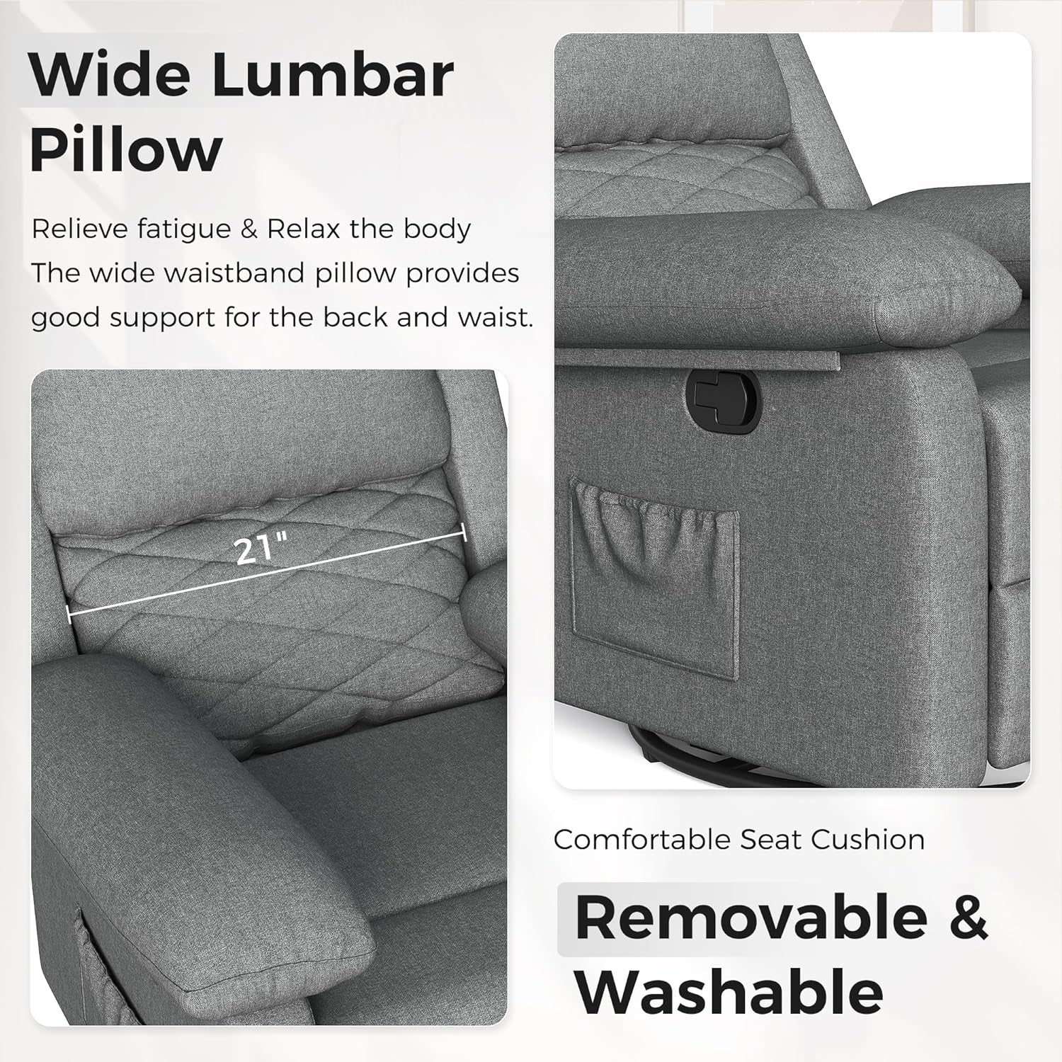 Glider Recliner for Adult Indoor Upholstered Lounge Nursery Chair Swivel Single Sofa with Side Pockets for Living Room Bedroom(Grey)