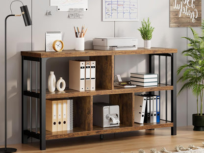 Farmhouse 3 Tier Open Book Shelf, Wood and Metal 5 Cube Storage Organizer, Modern Low Horizontal Bookshelf for Bedroom Living, Long Wide Office Cubby Bookcase with Storage, Rustic Brown, 47 Inch