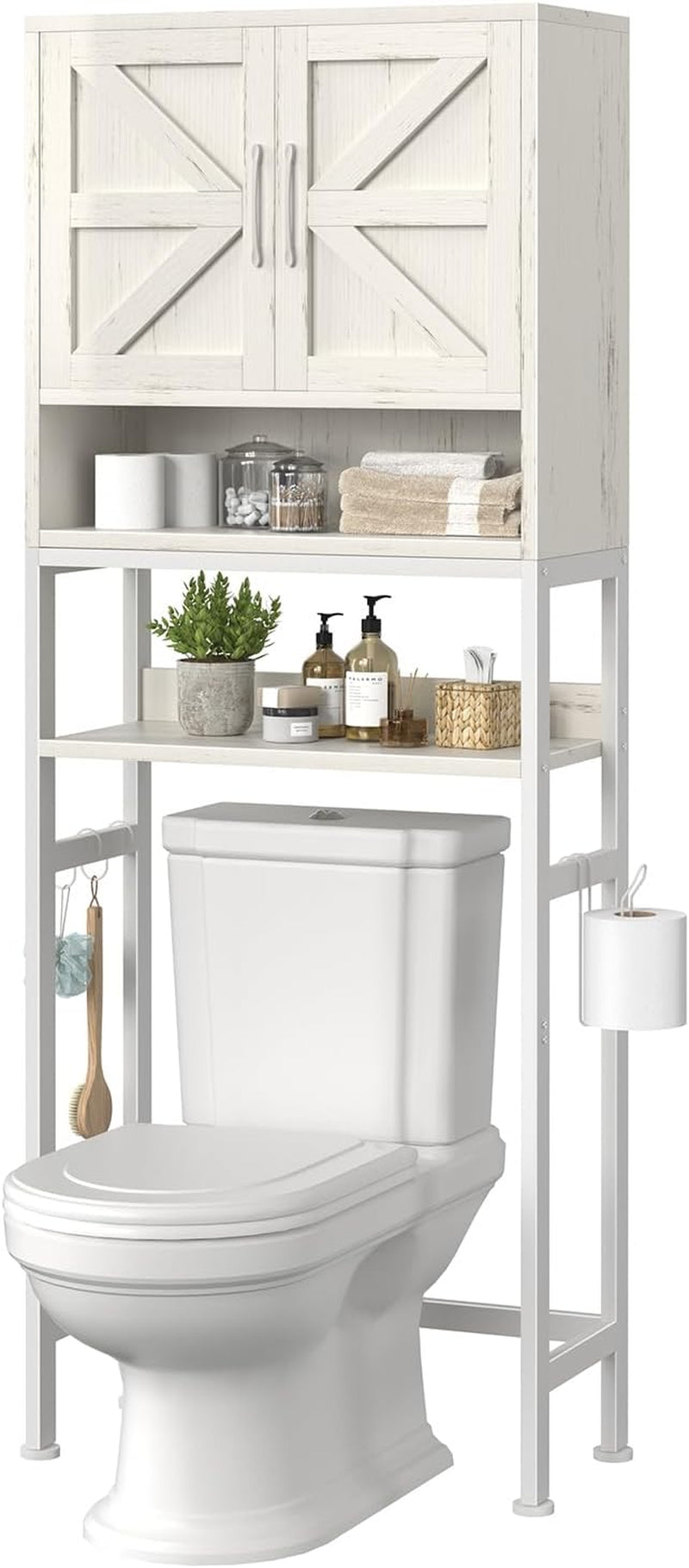Over the Toilet Storage Cabinet - Bathroom Shelves above Toilet Freestanding Organizer Shelf with Doors Narrow Floor Stand Rack Farmhouse Wood 71" Tall, Distressed White
