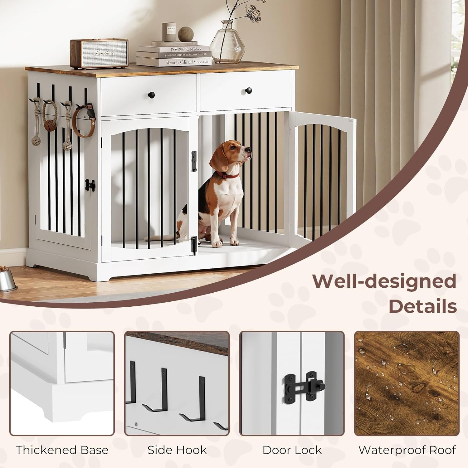 40" Dog Crate Furniture, Wooden Dog Kennel Furniture with Storage Drawers, End Table Dog House Indoor, Decorative Dog Crates for Small Medium Large Dog, White