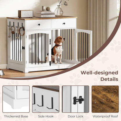 40" Dog Crate Furniture, Wooden Dog Kennel Furniture, Heavy-Duty Dog Crate End Table with Storage Drawers, Double Doors Decorative Pet Cage House Indoor for Small Medium Dog, Gray