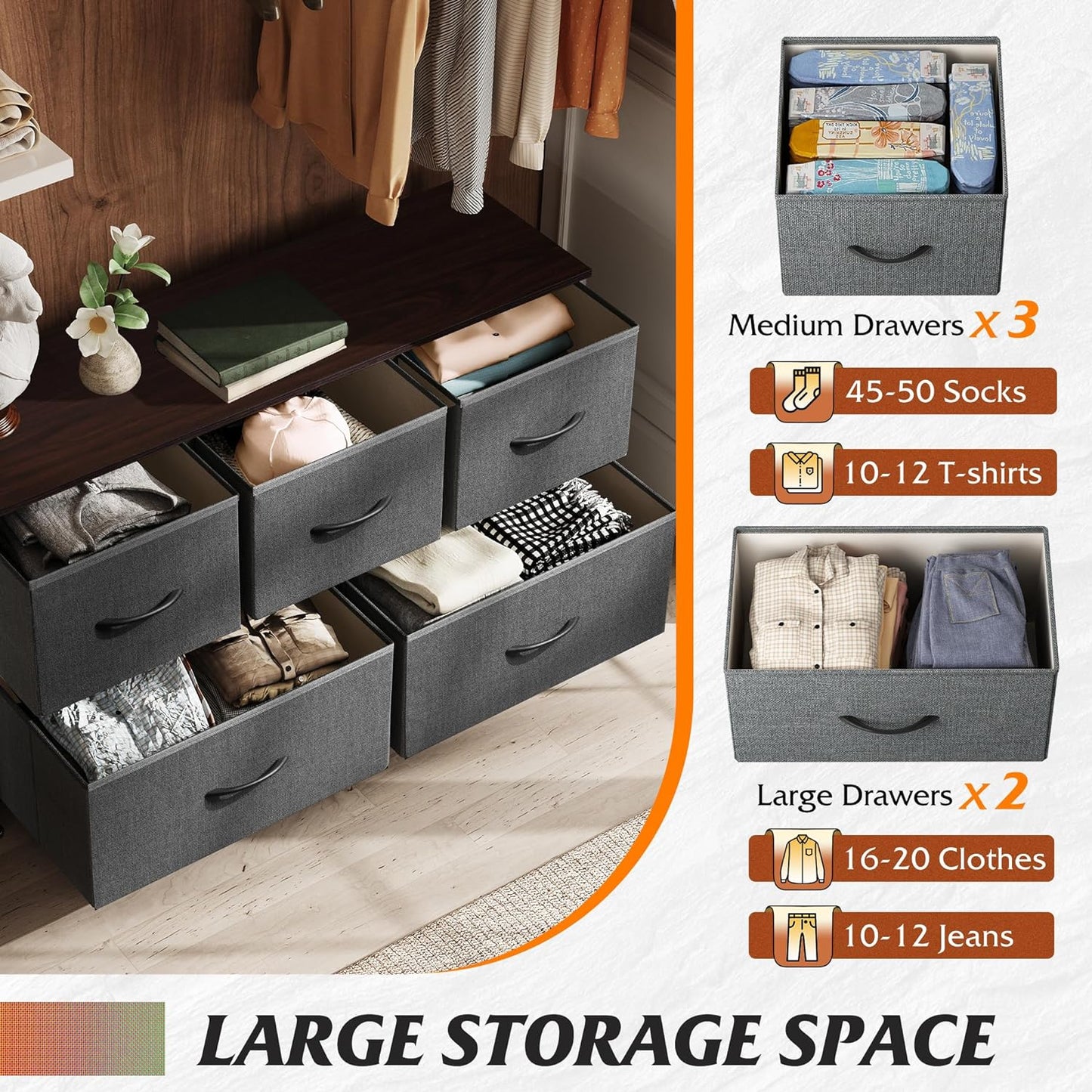 Dresser for Bedroom with 5 Drawers, Wide Chest of Drawers, Fabric Dresser, Storage Organizer Unit with Fabric Bins for Closet, Living Room, Hallway, Dark Grey