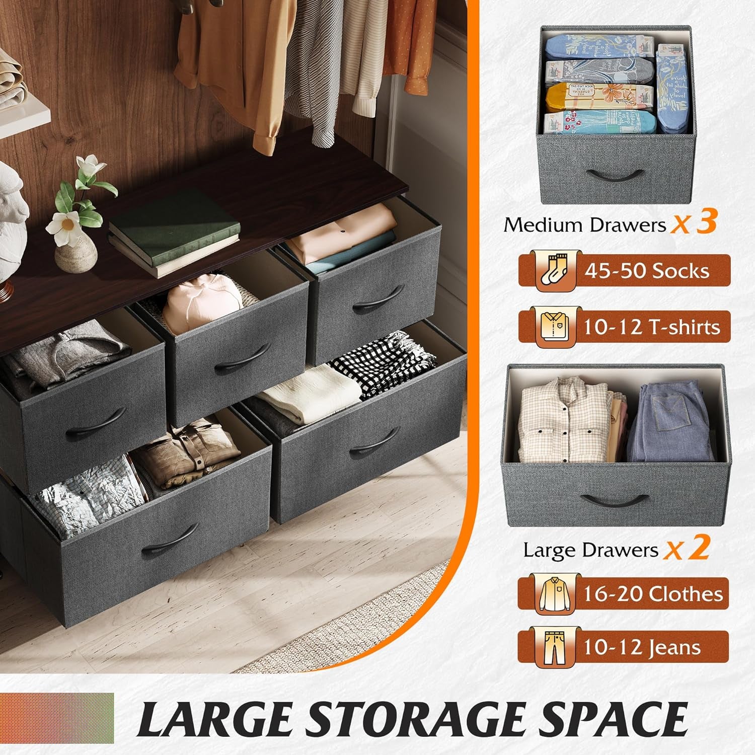 Dresser for Bedroom with 5 Drawers, Wide Chest of Drawers, Fabric Dresser, Storage Organizer Unit with Fabric Bins for Closet, Living Room, Hallway, Dark Grey