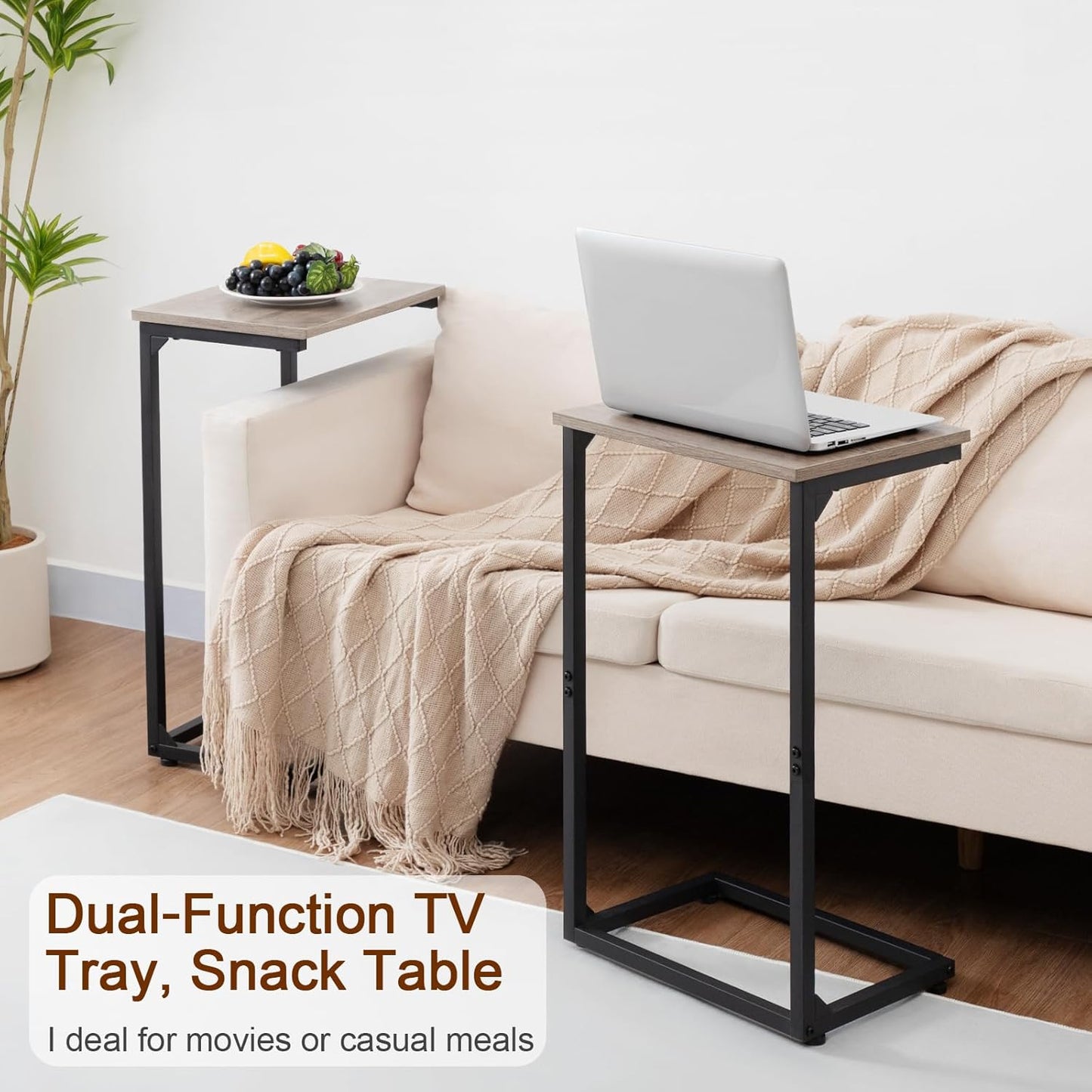 C Shaped End Tables Set of 2, Couch Side Tables That Slide Under, TV Trays for Living Room, Bedroom, Small Space, Sofa, Grey HET02BGY