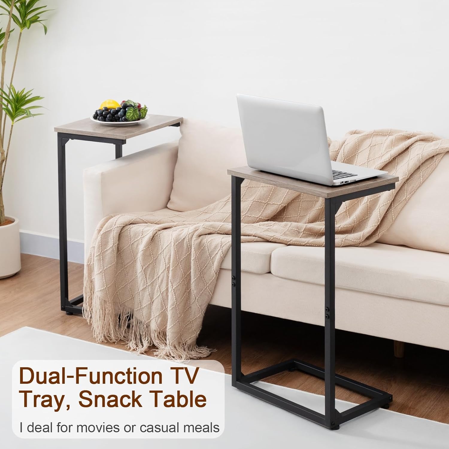 C Shaped End Tables Set of 2, Couch Side Tables That Slide Under, TV Trays for Living Room, Bedroom, Small Space, Sofa, Grey HET02BGY