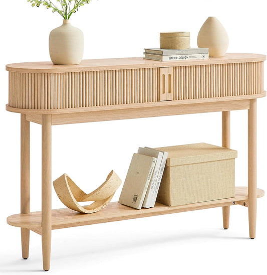 Fluted Console Table with Storage, Entryway Table Wood Entrance Tables for Front Door, behind Couch Sofa Table with Shelves, Foyer Tables for Hallways, Living Room Boho Furniture, Light Wood