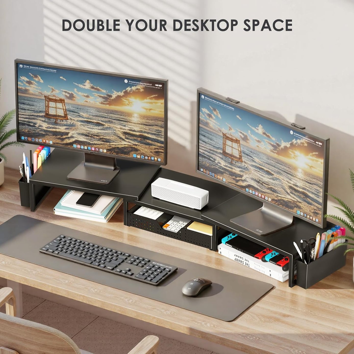 Desk Organizers and Accessories, Dual Monitor Stand Riser with Drawer and 2 Pen Holders, Desk Shelf Metal Computer Racks for Office Workspace Organizers, Desktop Organization (Black)