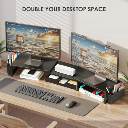 Desk Organizers and Accessories, Dual Monitor Stand Riser with Drawer and 2 Pen Holders, Desk Shelf Metal Computer Racks for Office Workspace Organizers, Desktop Organization (Black)
