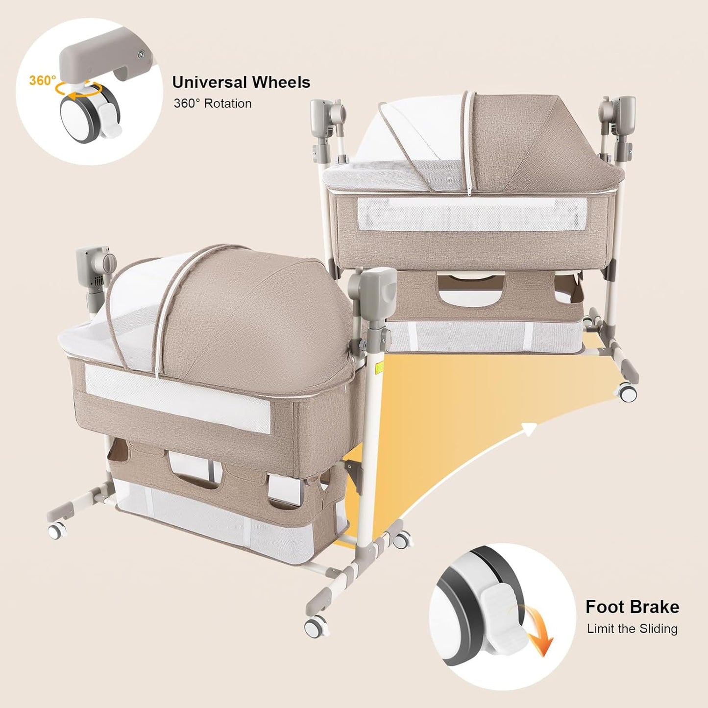 Smart Baby Bassinet Bedside Sleeper with Auto Rocking, 5 Swing Speeds & 3 Timer Settings, Bluetooth Music, Height Adjustable (18.1-19.7In), 44Lbs Capacity for Newborns 0-24 Months, Khaki