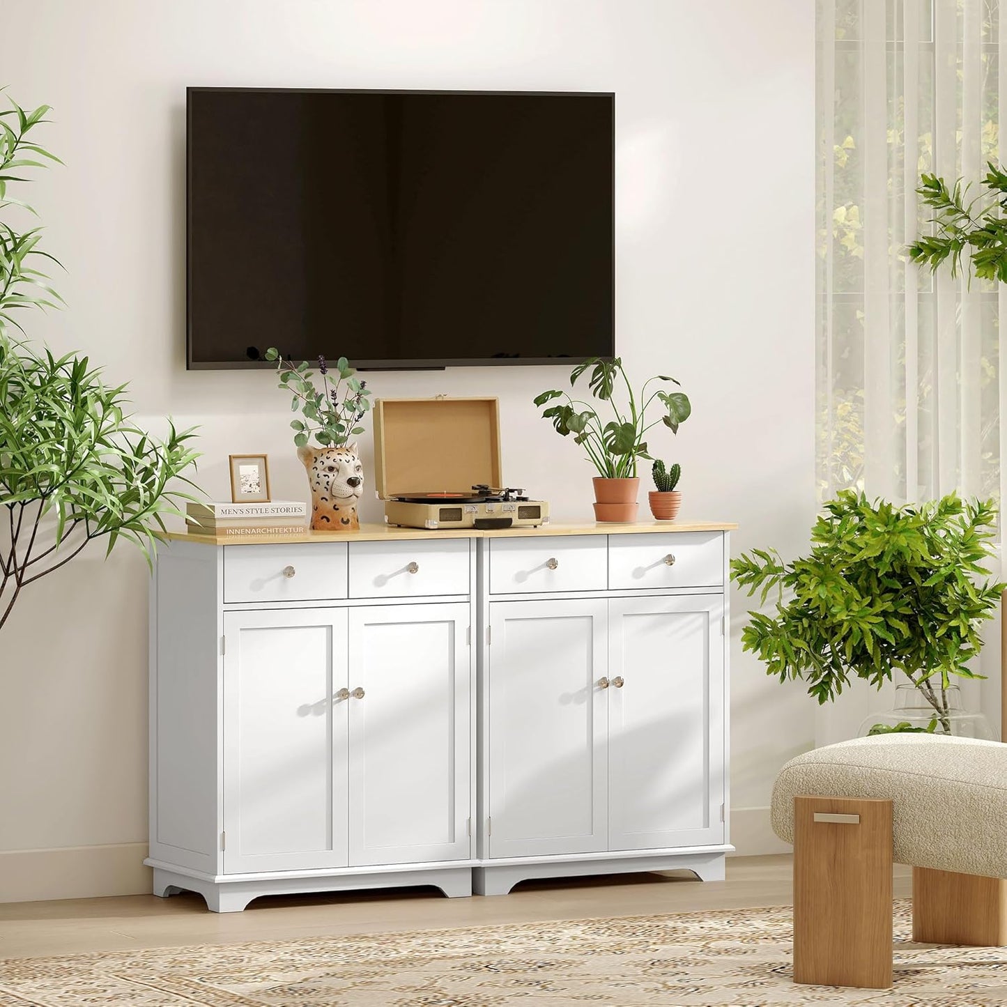 Sideboard with Solid Wood Countertop, Modern Kitchen Storage Cabinet, Coffee Bar Cabinet with 2 Drawers, Doors and Adjustable Shelf, White