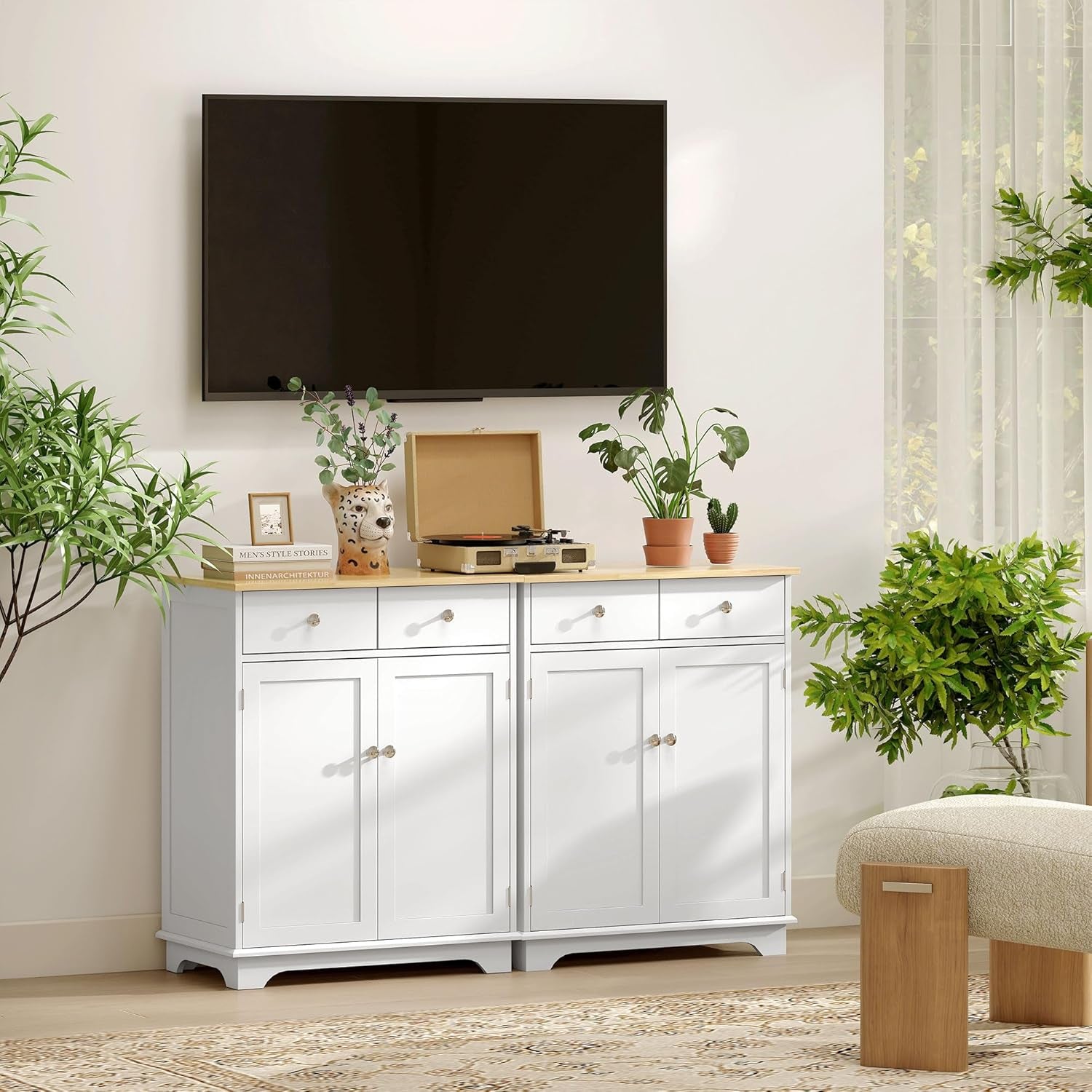 Sideboard with Solid Wood Countertop, Modern Kitchen Storage Cabinet, Coffee Bar Cabinet with 2 Drawers, Doors and Adjustable Shelf, White