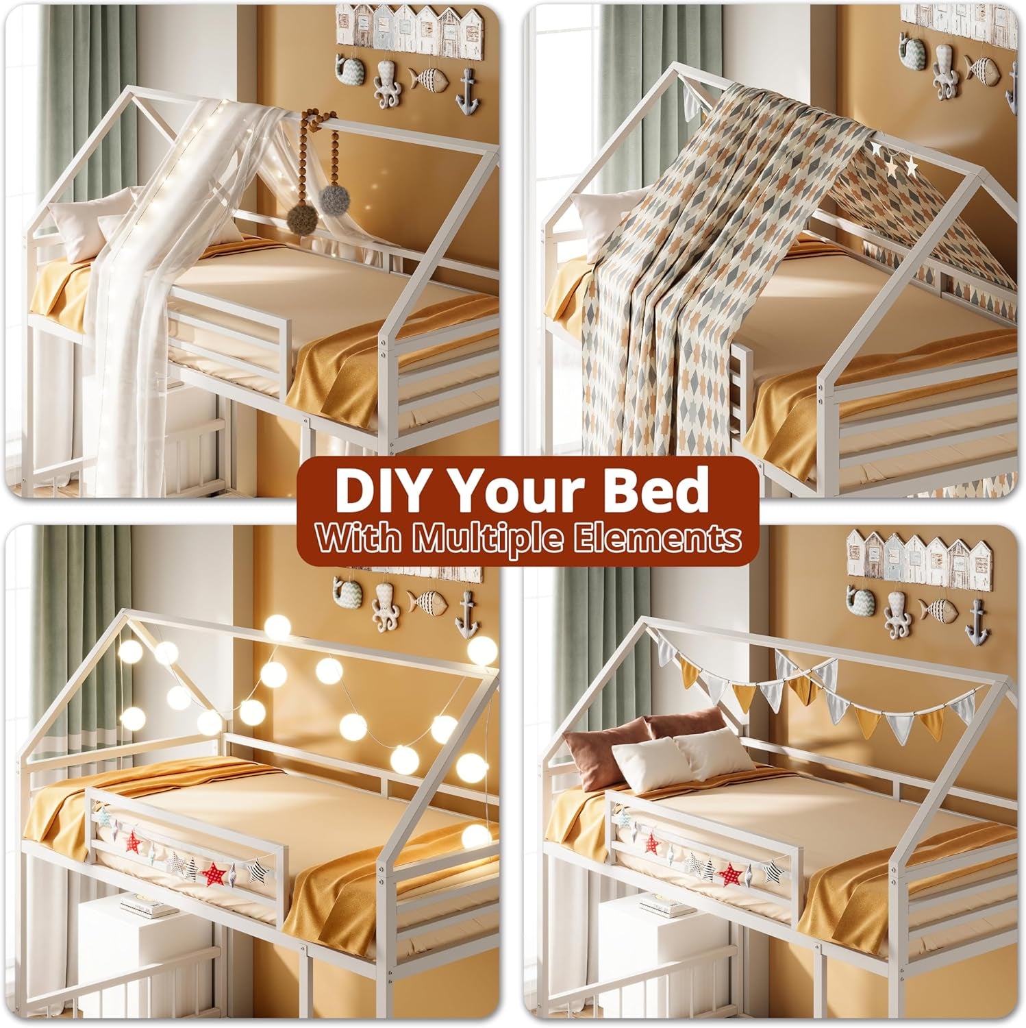 Bunk Bed Twin over Twin, House Bunk Bed Frame with Ladder and Guardrail, House Shaped with Metal Slats for Dormitory and Bedroom, Space Saving, No Box Spring Needed, White