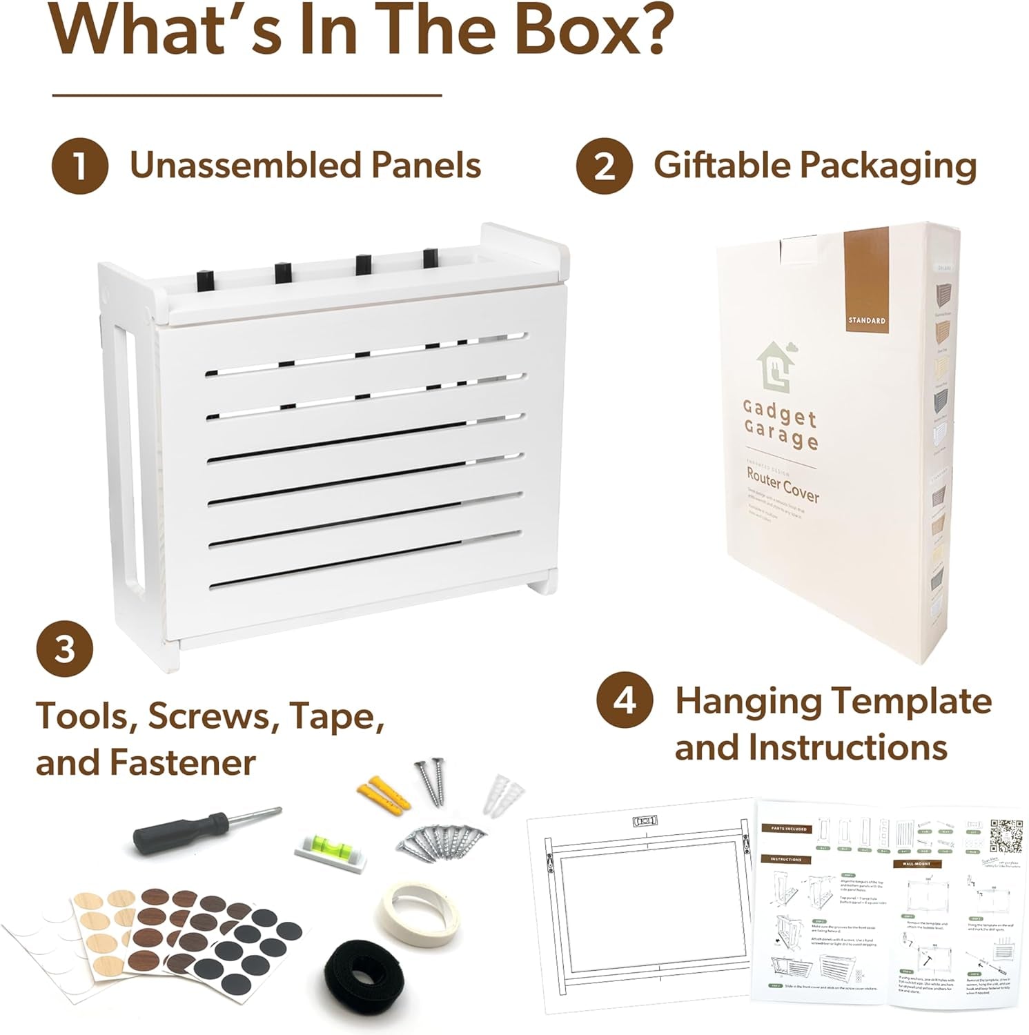 Wooden Wifi Router Storage Box - Standard Wall Mountable Decorative Modem Shelf Hider Cover with Cable Management System - Rustic Home Organization Solution for Most Routers up to 11" Tall - White