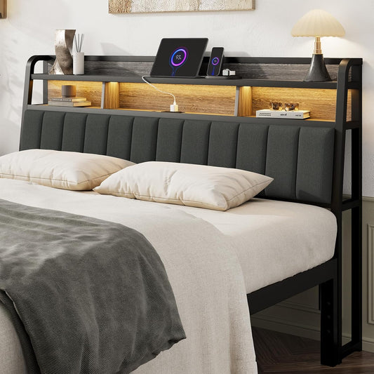 King Headboard Only with Storage, Upholstered Headboards for King Size Bed with LED Light, Charging Station, Height Adjustable, Sturdy and Stable Headboard, Black & Grey