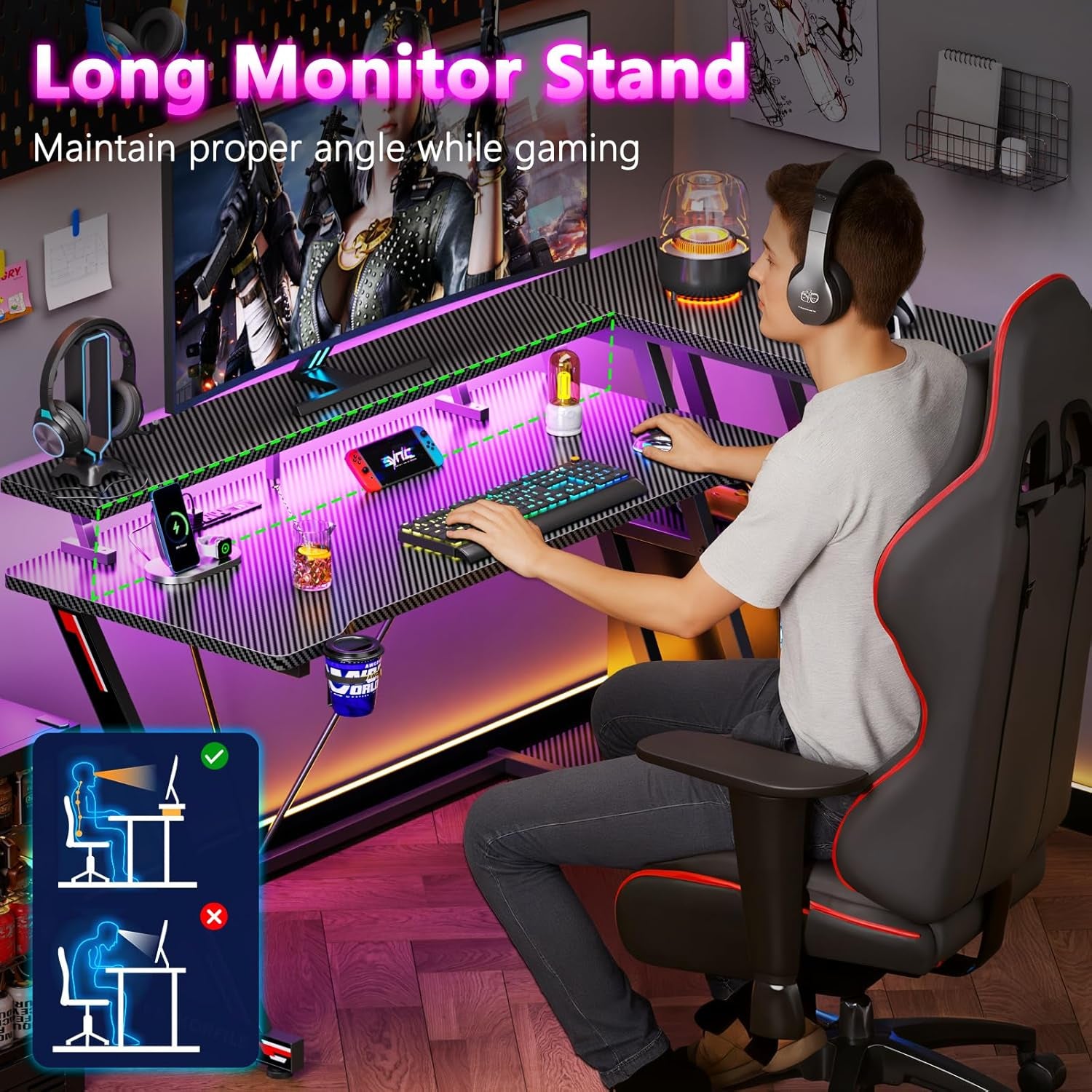 40 Inch Gaming Desk with Power Outlet & LED Lights, L Shaped Computer Gaming Table with 3 Tiers Storage Shelves, Corner Gamer Desk with Monitor Stand for Small Space, Carbon Fiber Black