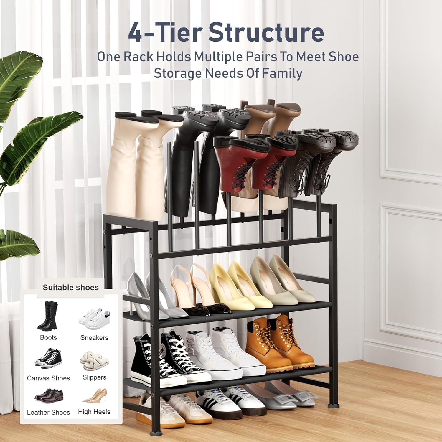 Boot Rack 4-Tier - Black Metal Boot Storage Rack for Tall Boots Organizer Tall Boots, Multiuse Shoe Rack for Boots, Sneakers, High-Heel, Entryway, Fits 6 Pairs