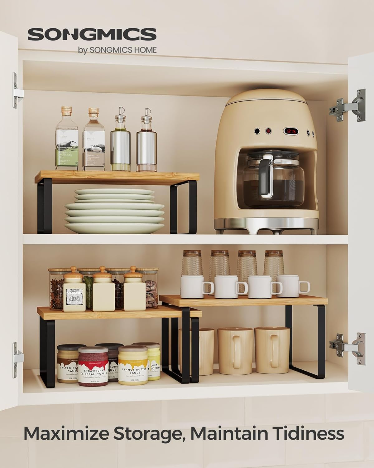 Cabinet Organizer Shelf, Set of 3 Kitchen Counter Shelves, Kitchen Storage, Spice Rack, Stackable, Expandable, Ink Black and Natural Beige UKCS014YL03
