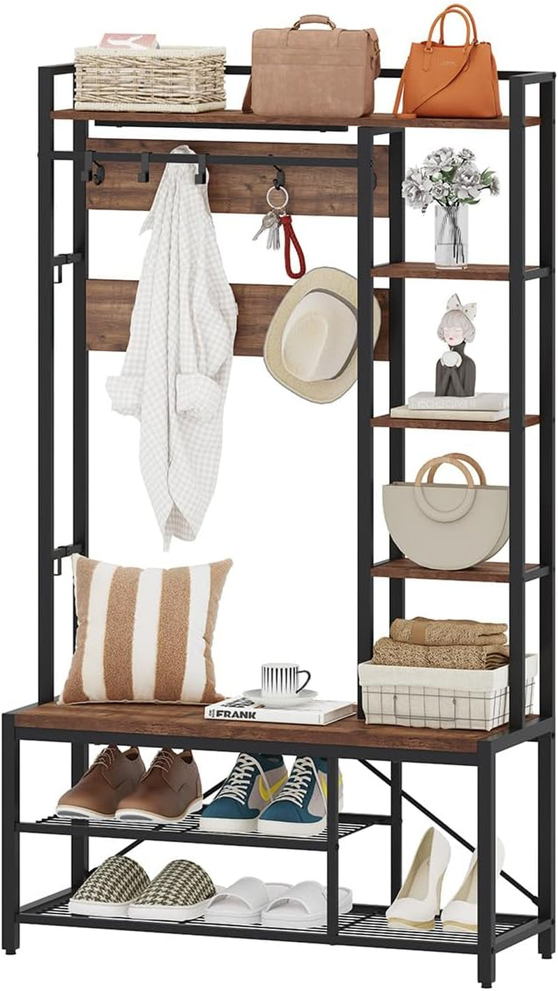 Hall Tree with Shoe Storage, 5-In-1 Reversible Entryway Bench with Coat Hooks for Hallway, Rustic Wood and Metal Coat Rack with Shelves for Mudroom (Rustic Oak)