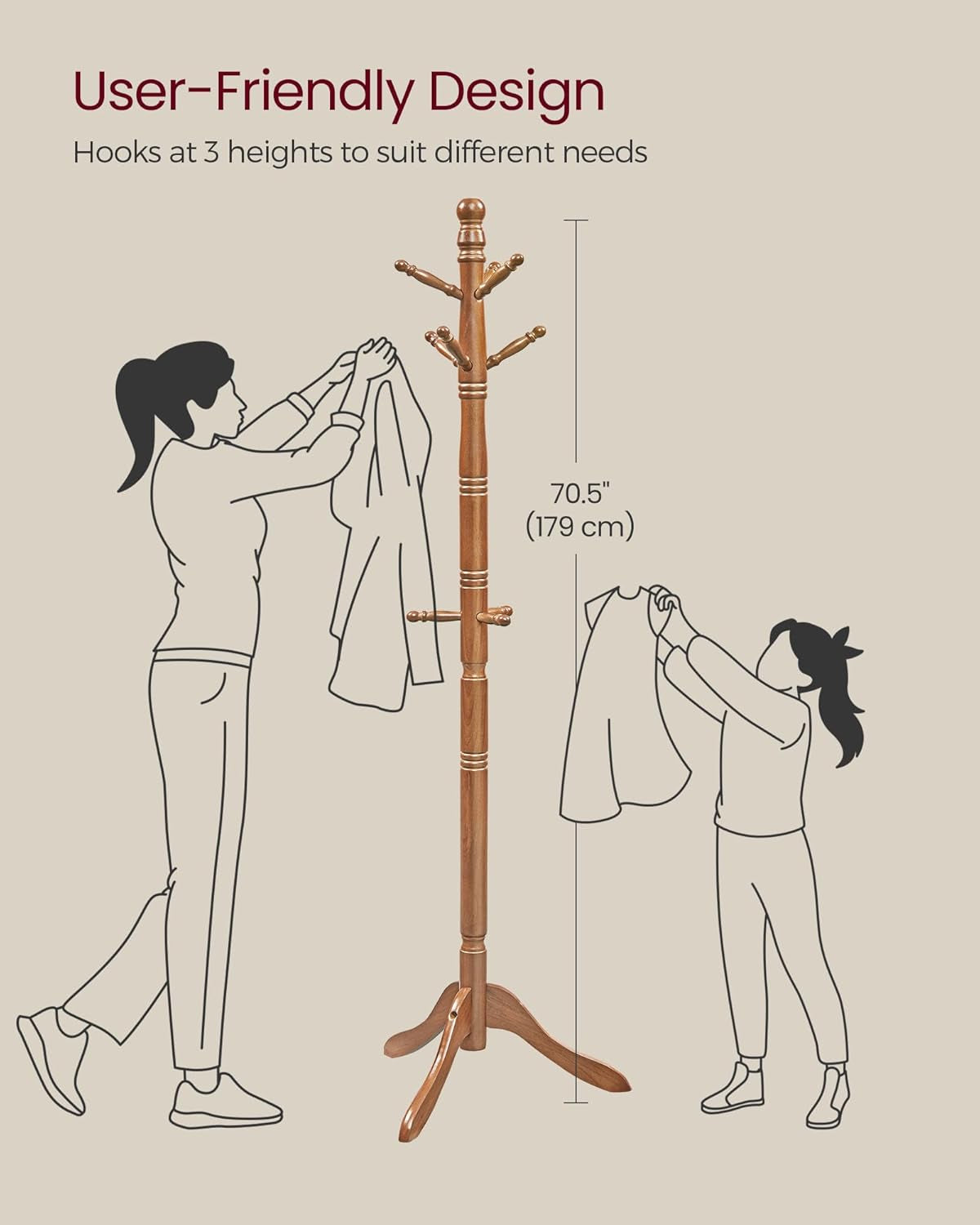 Solid Wood Coat Rack and Stand, Free Standing Hall Coat Tree with 10 Hooks for Hats, Bags, Purses, for Entryway, Hallway, Rubberwood, Caramel Brown URCR03WN