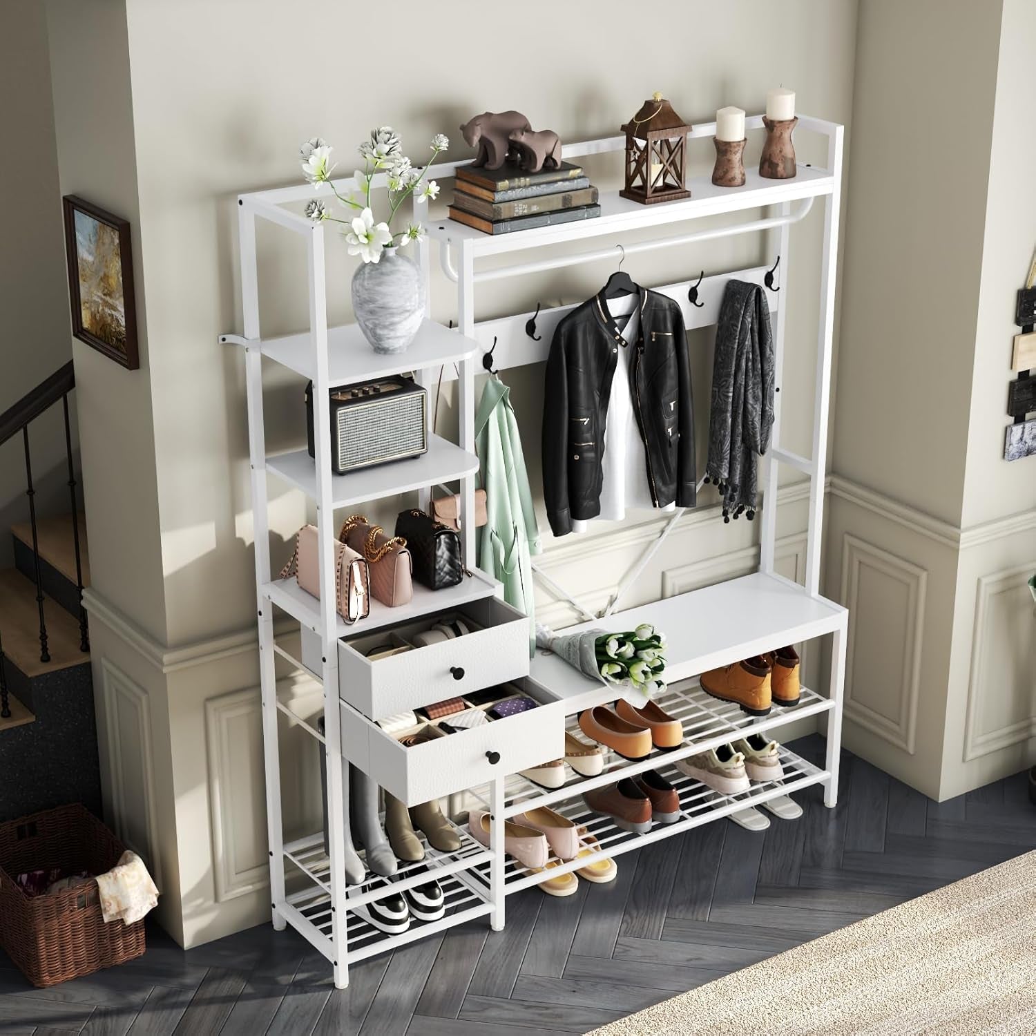 7-In-1 Hall Tree with Bench and Shoe Storage for Entryway, Entryway Bench with Coat Rack, Storage Shelves, Shoe Race, Coat Hooks and 2 Fabric Drawers for Hallway(White)