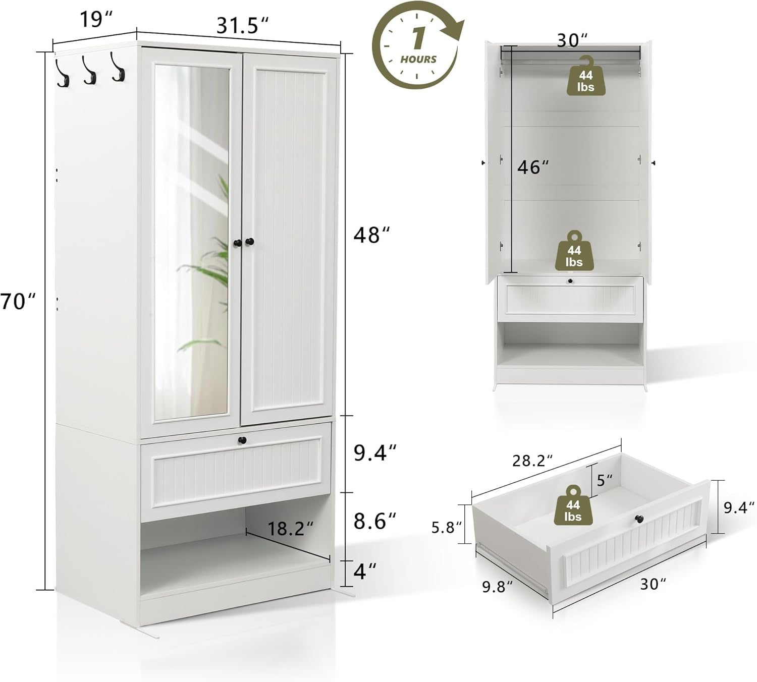 Wood Armoire Wardrobe Closet with Mirror Door and Drawer, 2 Doors Bedroom Storage Cabinet for Hanging Clothes, White