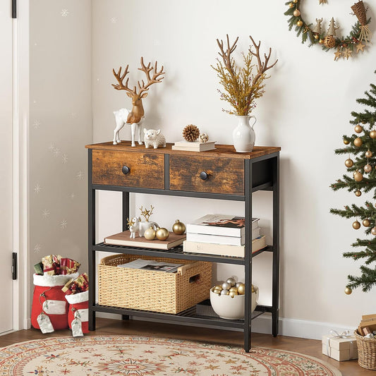 29.5" Narrow Console Table with 2 Fabric Drawers, Sofa Table, Small Entryway Table with 3-Tier Storage Shelves, behind Couch Table, for Living Room, Hallway, Rustic Brown and Black BF72XG01