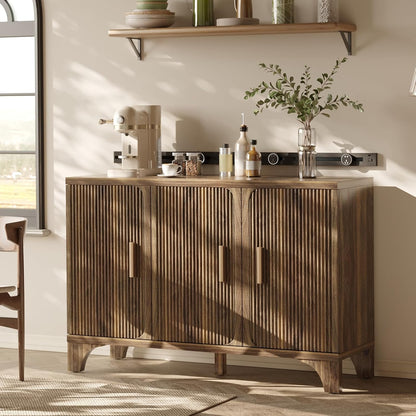 Mid Century Modern Buffet Cabinet with Storage, Accent Sideboard and Credenza with Fluted Doors, Wood Coffee Bar Console for Kitchen, Living Room (Walnut Brown, 47" 3-Door)
