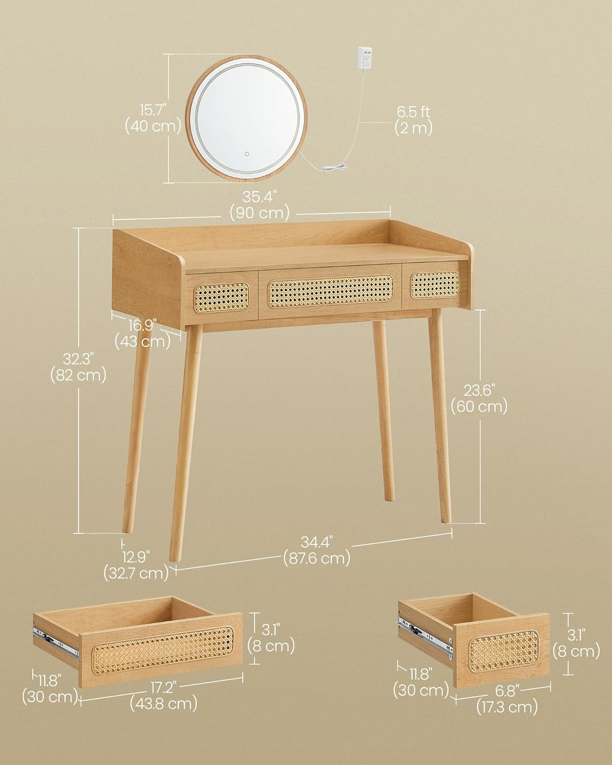 Vanity Desk with Mirror and Lights, Boho Makeup Vanity Table with 3 Rattan-Look Drawers, Dimmable Touch Control Light with 3 Color Temperatures, for Bedroom, Oak Beige