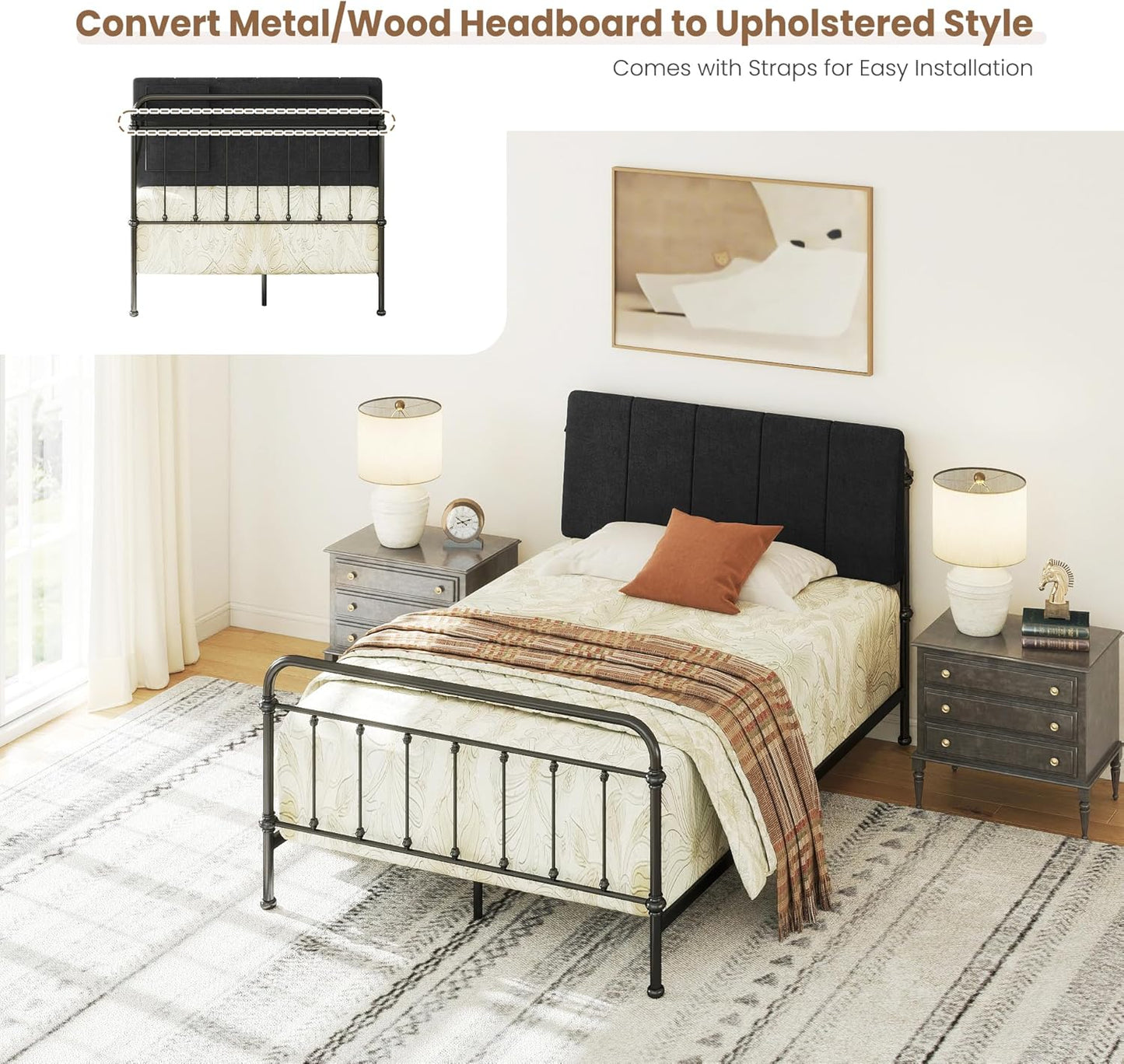 Twin Size Headboard Only-No Assembly, Upholstered Headboard Twin Size Linen Fabric Modern Style Headboards Extra-Thick, Black