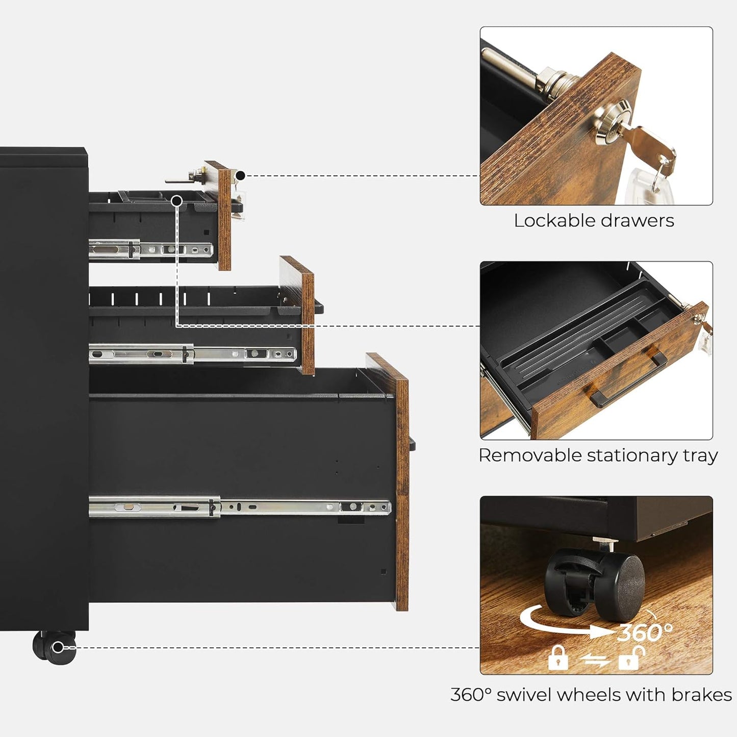 File Cabinet, Pre-Assembled except Wheels and Handles, Office Filing Cabinet with Lock, for A4, Legal, Letter Sized Documents, 17.7 X 14.4 X 23.6 Inches, Rustic Brown and Black UOFC110B01V1