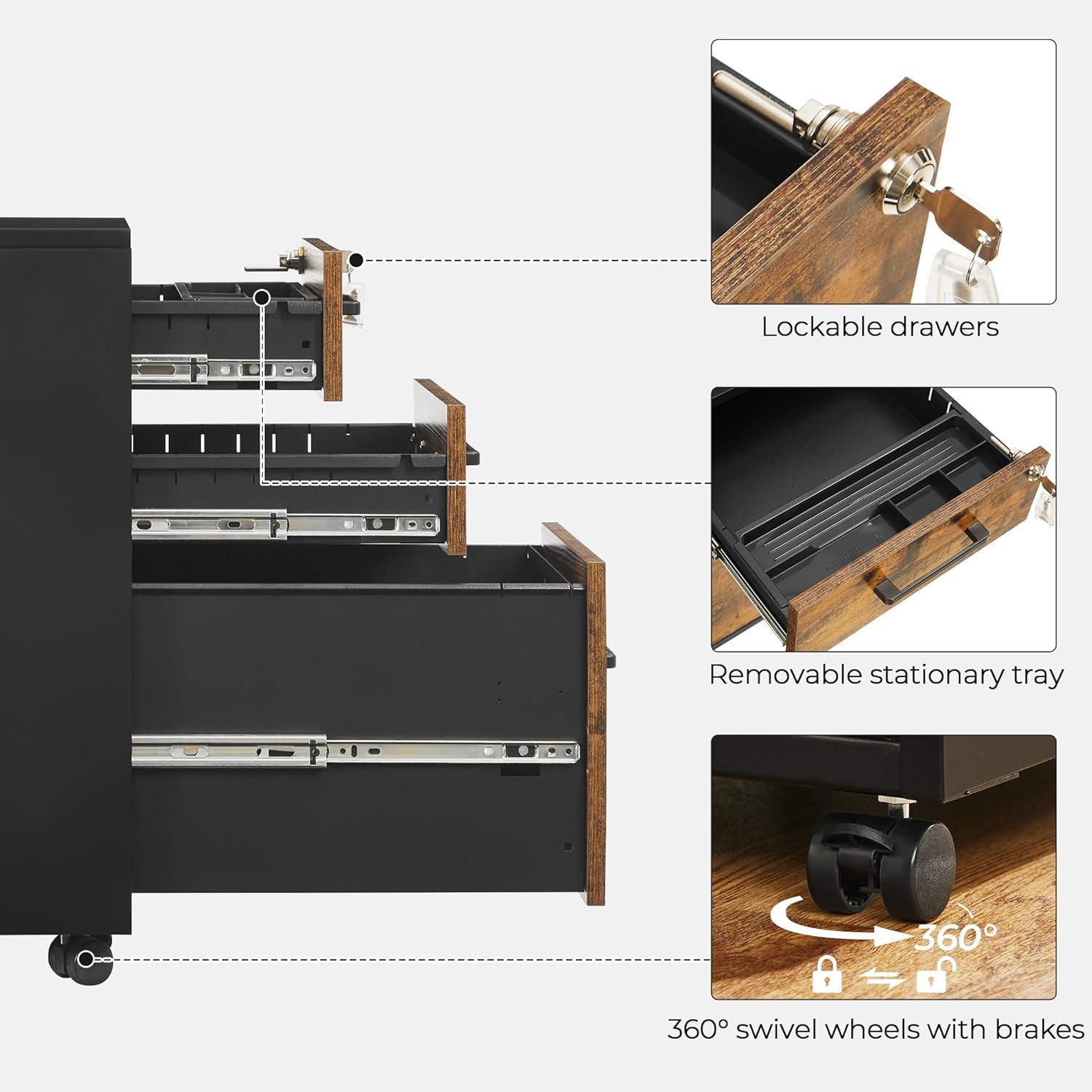 File Cabinet, Pre-Assembled except Wheels and Handles, Office Filing Cabinet with Lock, for A4, Legal, Letter Sized Documents, 17.7 X 14.4 X 23.6 Inches, Rustic Brown and Black UOFC110B01V1