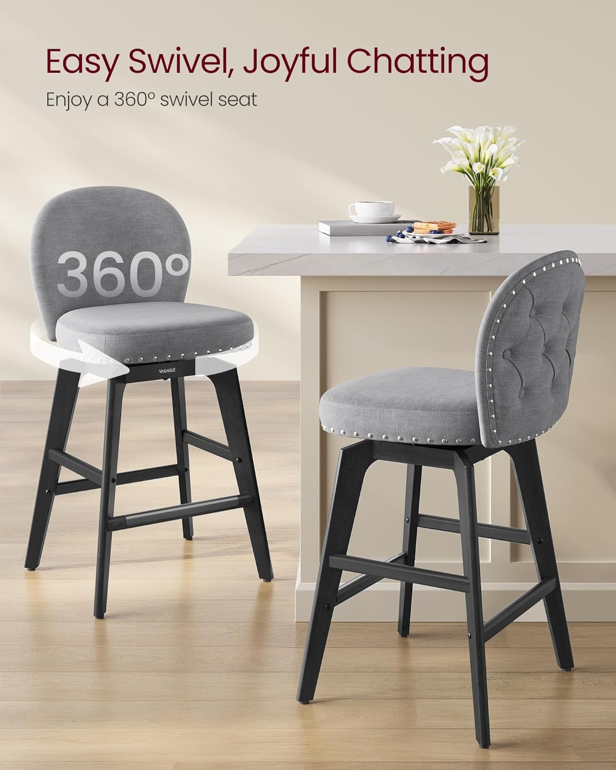 Bar Stools Set of 4, Swivel Counter Height Bar Stools with Back and Wood Legs, Chenille Fabric Upholstered Barstools, 26.2-Inch Tall Counter Barstools for Kitchen Island, Slate Gray