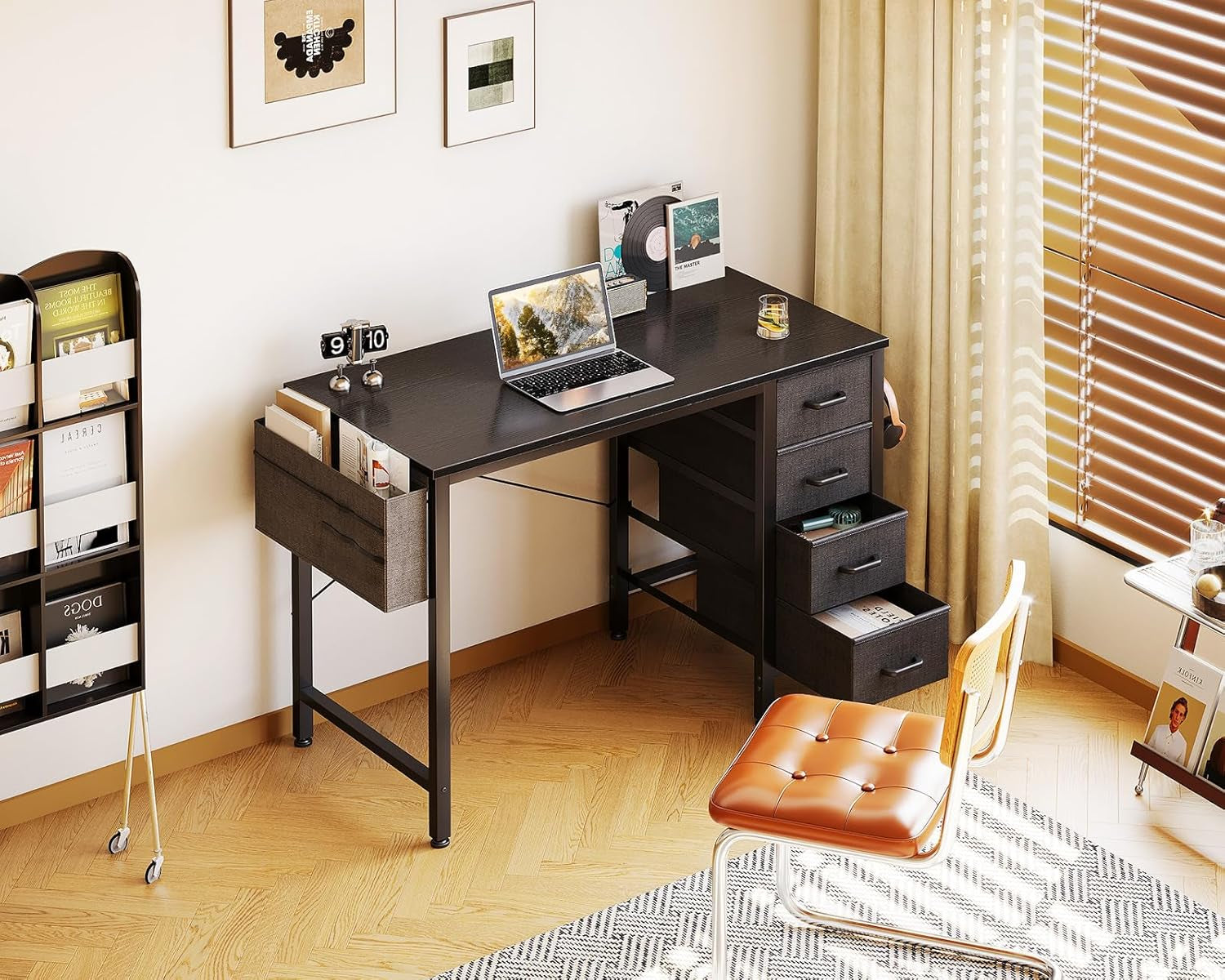 32-Inch Small Computer Desk with 4 Fabric Drawers — Home Office Desks with Storage, Writing Desk with Side Hook and Cloth Bag, Modern Study/Work Table for Bedroom and Small Space, Black
