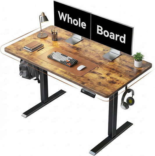 48 X 24 Large One-Piece Standing Desk, Adjustable Height Electric Computer Home Office Sit Stand up Workstation, with 4 Memory Presets, Headphone Hook, Rustic Brown