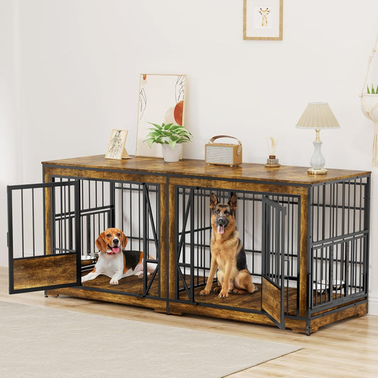 61'' Double Dog Cage Furniture for 2 Dogs, TV Stand Dog Kennel with Adjustable Divider, Heavy Duty Double Dog Crate Furniture Indoor with 4 Bowls, XL Dog Crate End Table for Medium Small Breed, Brown