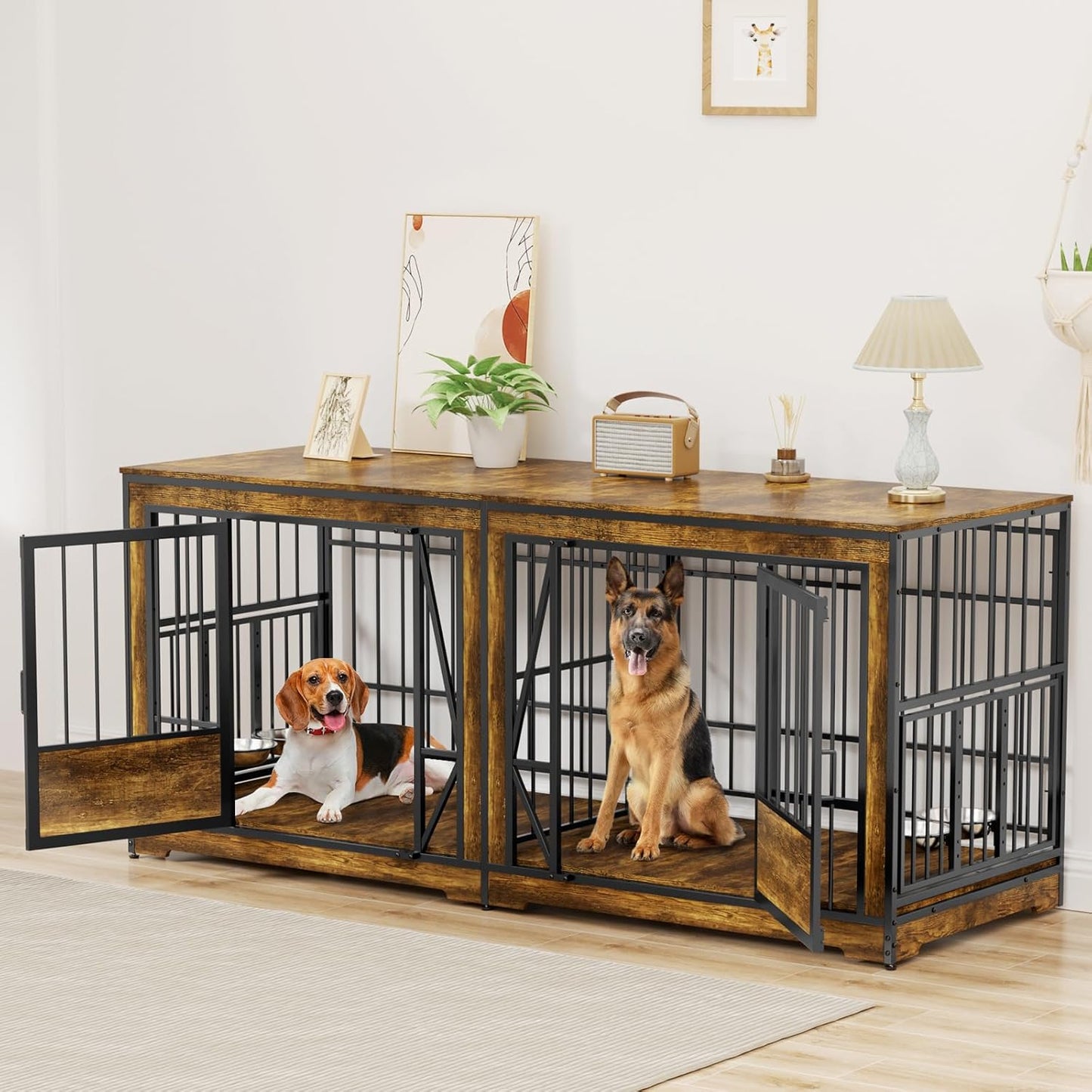 86.2'' Double Dog Crate Furniture for 2 Dogs, Extra Large Dog Cage with Adjustable Divider, Heavy Duty Dog Kennel Indoor with 4 Bowls, XXL Dog Crate Wooden TV Stand End Table for Large Breed, Grey