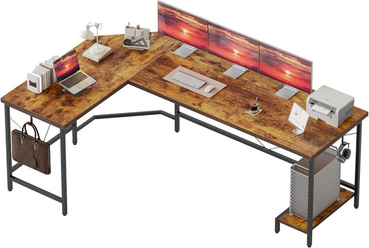 66 Inch Large L Shaped Desk, Simple Corner Gaming Desk with CPU Stand & Hooks, Computer Desk for Home, Bedroom & Office Workspace, Dark Brown