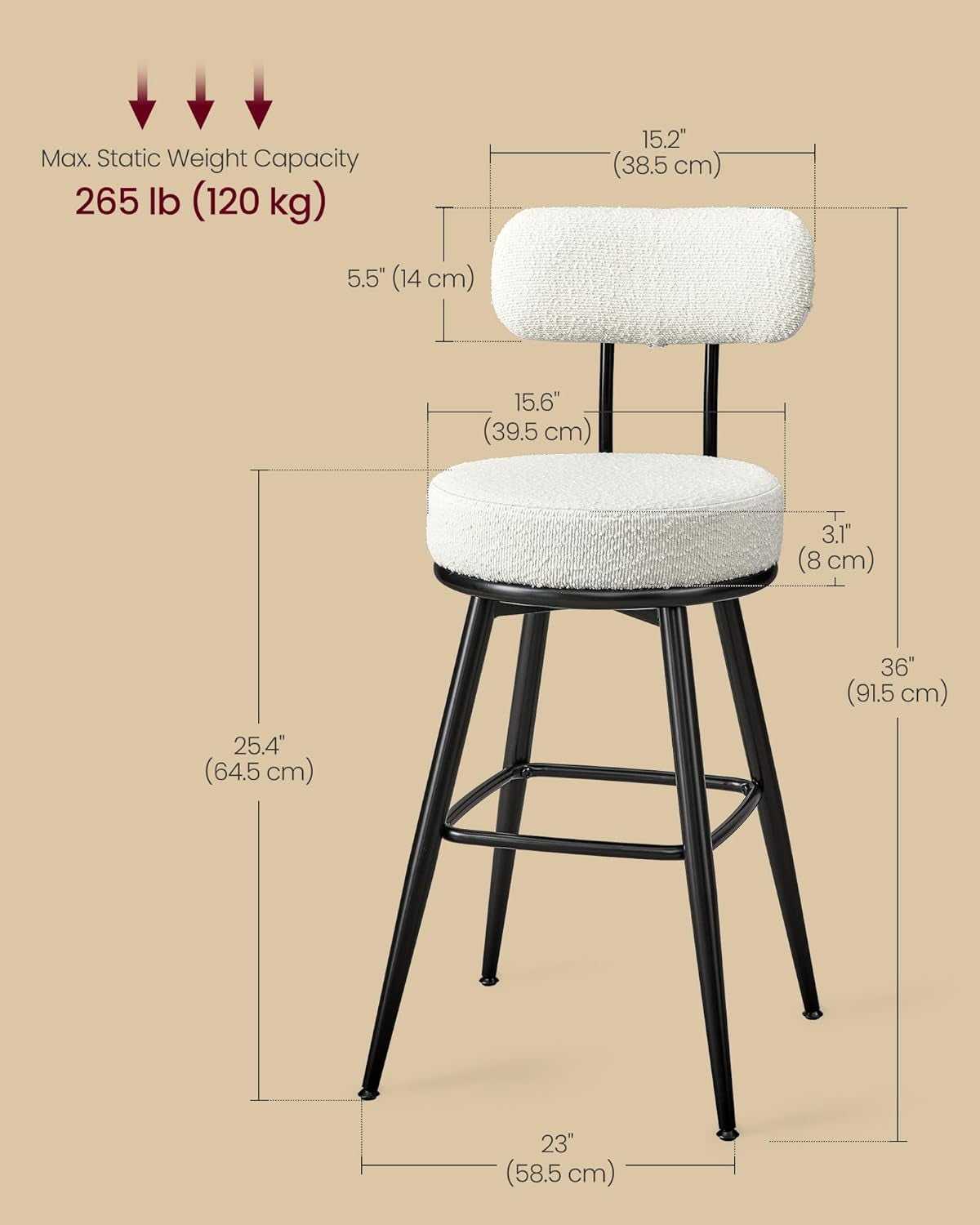 360° Swivel Bar Stools Set of 2, Counter Height Bar Stools with Back, Boucle Fabric, Contemporary Modern, 25.4 Inch Tall, Kitchen and Home Bar, Cloud White ULBC130W01V1