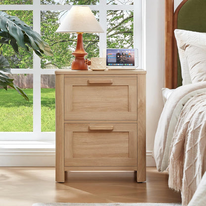 Farmhouse Nightstand with Charging Station, End Tables Bedroom with 2 Large Drawers & 4 Thickened Table Legs, Natural Wood