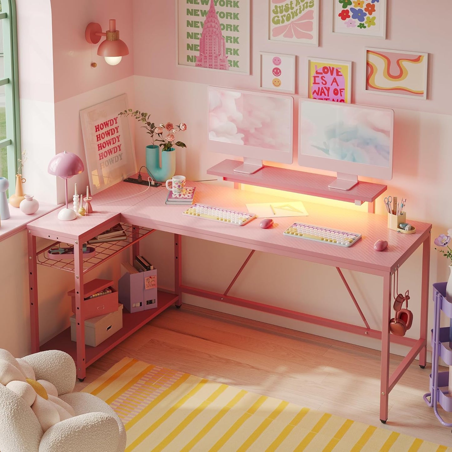 L Shaped Gaming Desk with Power Outlets,58 LED Small Corner Desk with Reversible Storage Shelves,Pink Computer Desk with Headset Hooks Desk for Living Room and Dormitory