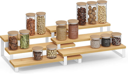 Display Risers, Set of 2 Engineered Wood Perfume Organizer Stand, 3-Tier Cupcake Stand Holder, Spice Rack, Shelf Risers for Figures, Dessert Shelves, Natural Beige and Ink Black UKCS016N01