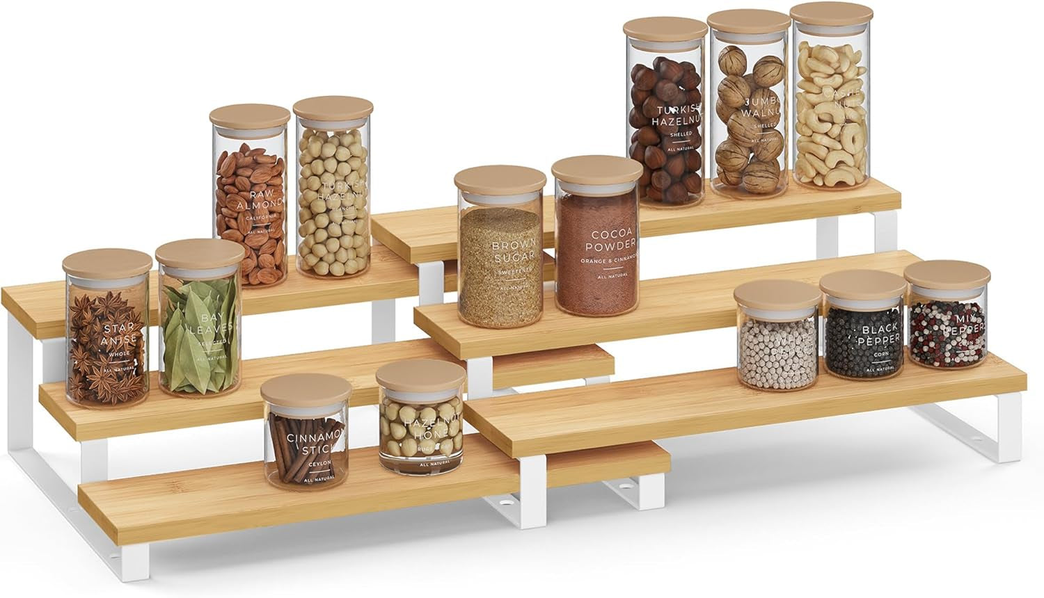 Display Risers, Set of 2 Engineered Wood Perfume Organizer Stand, 3-Tier Cupcake Stand Holder, Spice Rack, Shelf Risers for Figures, Dessert Shelves, Natural Beige and Ink Black UKCS016N01