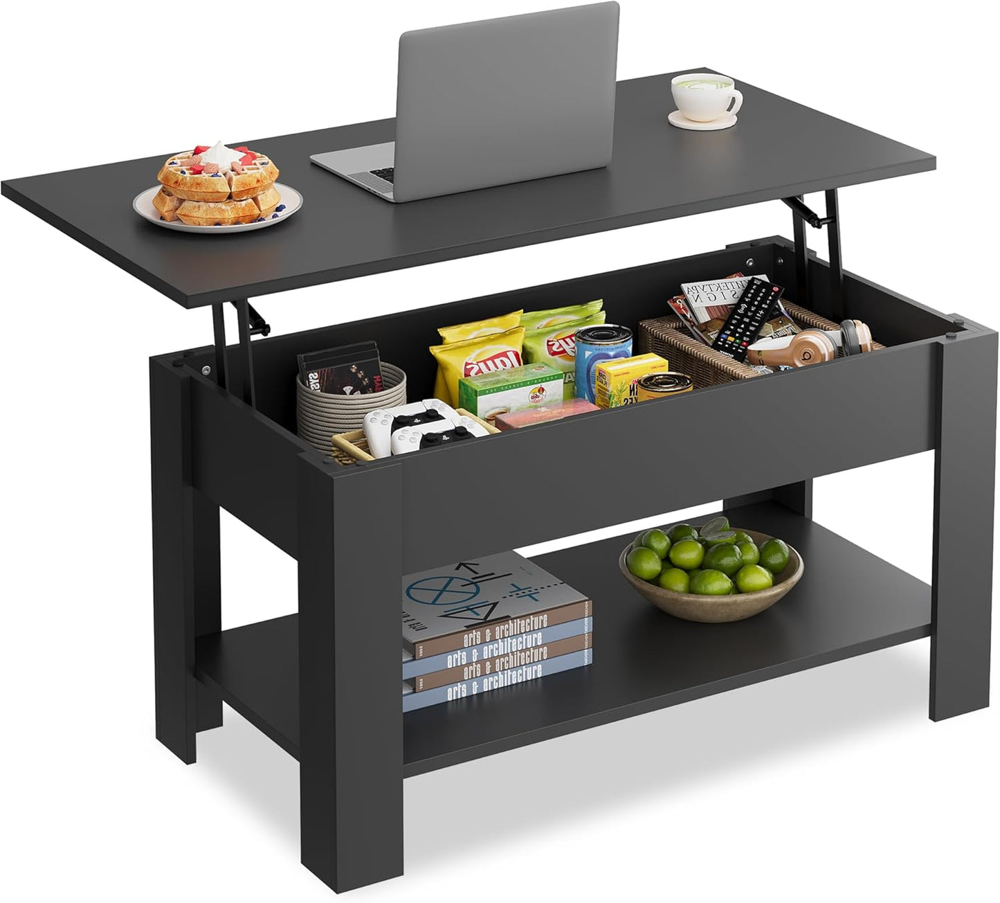 Coffee Table, 39" Lift Top Coffee Table with Hidden Compartment, Storage Shelf and Lifting Top for Home Living Room, Office and Reception Room, Black