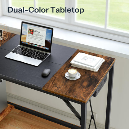 Computer Desk, Home Office Desk with Power Outlet, Writing Desk with 2 Shelves, Modern Small Desk for Home Office, Study, Easy to Assemble, Rustic Brown and Black BF43UDN01