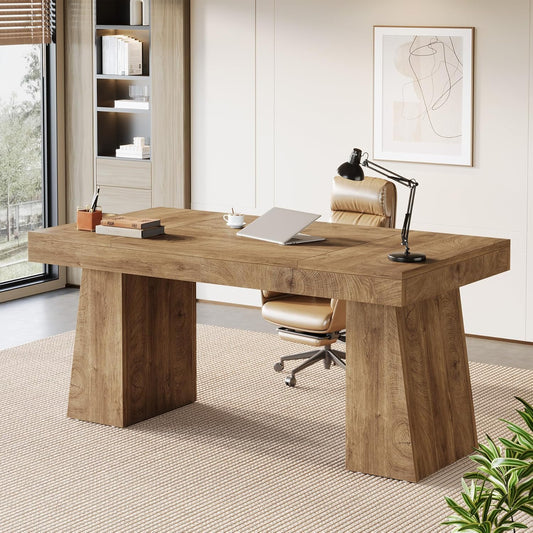 55-Inch Executive Desk, Thick Wood Office Computer Desk with Double Pedestal, Modern Minimalist Workstations Writing Table Conference Table Furniture for Home Office, Light Brown