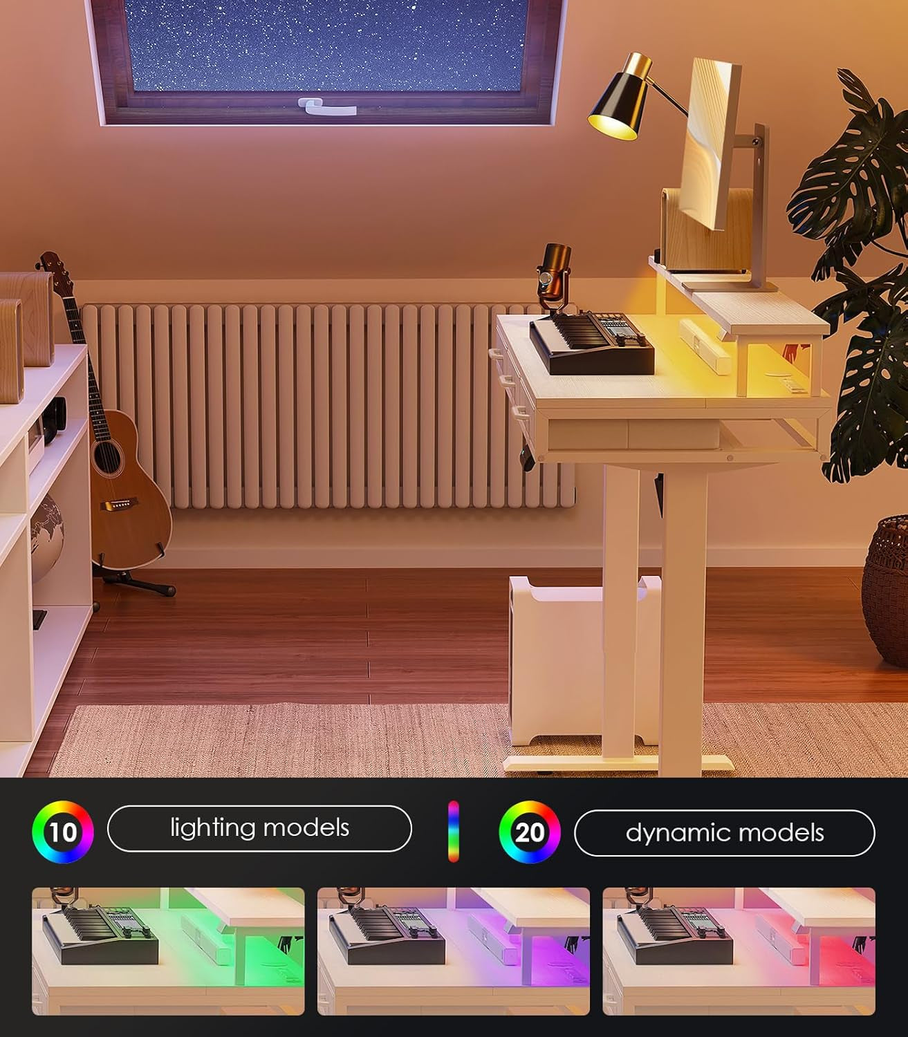 Electric Standing Desk with Drawers, 55 Inch Height Adjustable Desk with Power Outlets & LED Lights, Sit Stand Table with Monitor Stand for Home, Office, Workstation, White