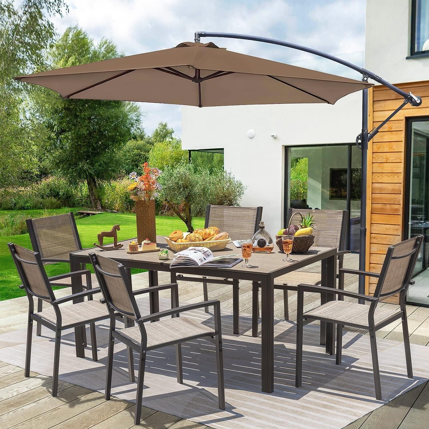 Patio Dining Set 7 Pieces Outdoor Furniture with Large Table and 6 Textilene Chairs for Porch, Poolside, Yard and Garden, Brown