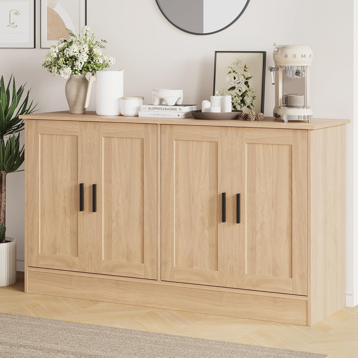 53.1“W Oak 4 Door Buffet Cabinet, Coffee Bar with Adjustable Shelf, Kitchen Sideboard for Living Room, Hallway