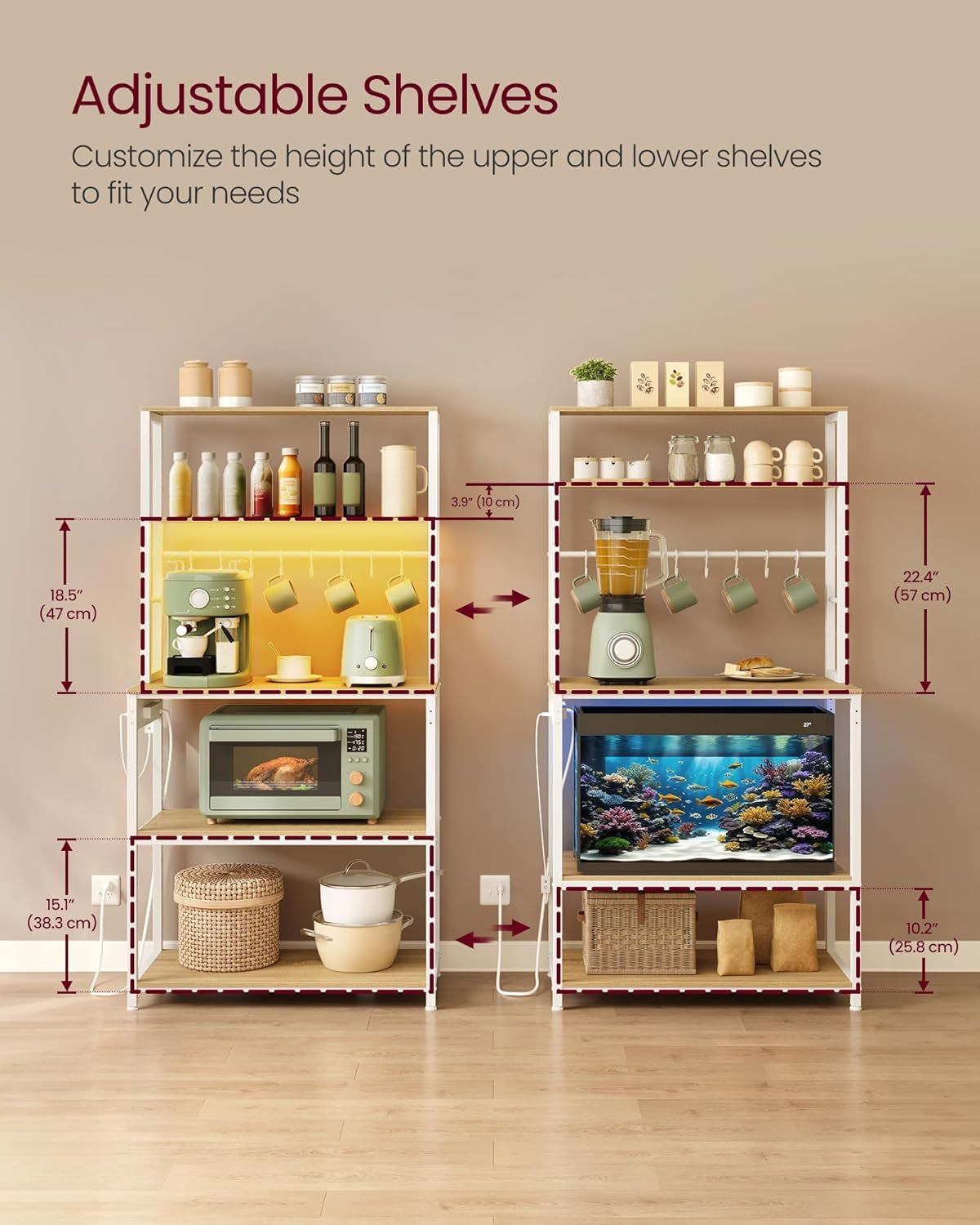 Coffee Bar with LED Lights, Kitchen Bakers Rack with Power Outlet, Microwave Stand with Adjustable Shelves, 8 Hooks, 15.7 X 31.5 X 65.7 Inches, Golden Oak and Matte White UKKS050Y01