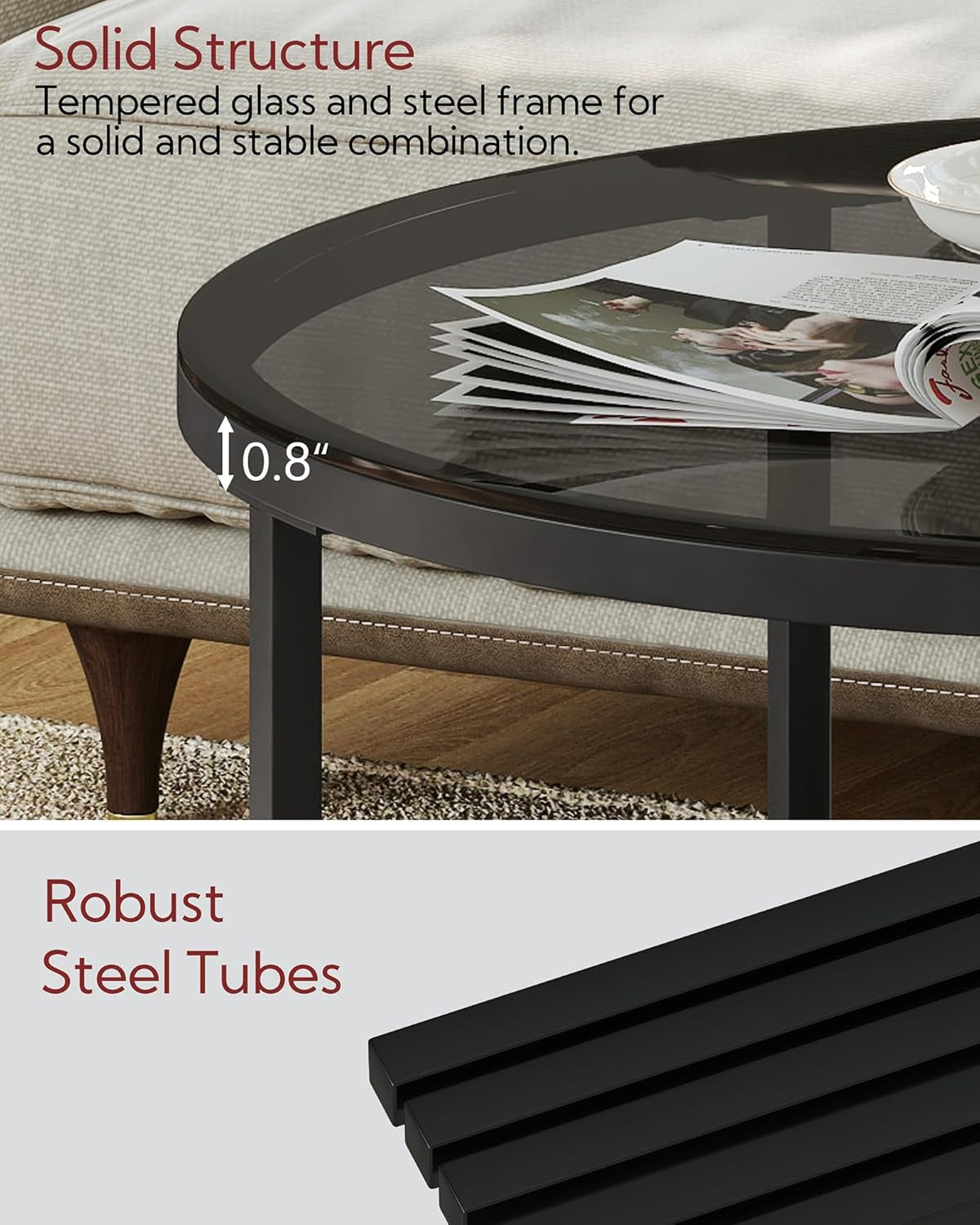round Glass Coffee Tables for Living Room, 2-Tier Circle Coffee Table with Storage, 26" Modern Center Accent Table with Light Black Glass, Small End Table for Small Space, Bedroom